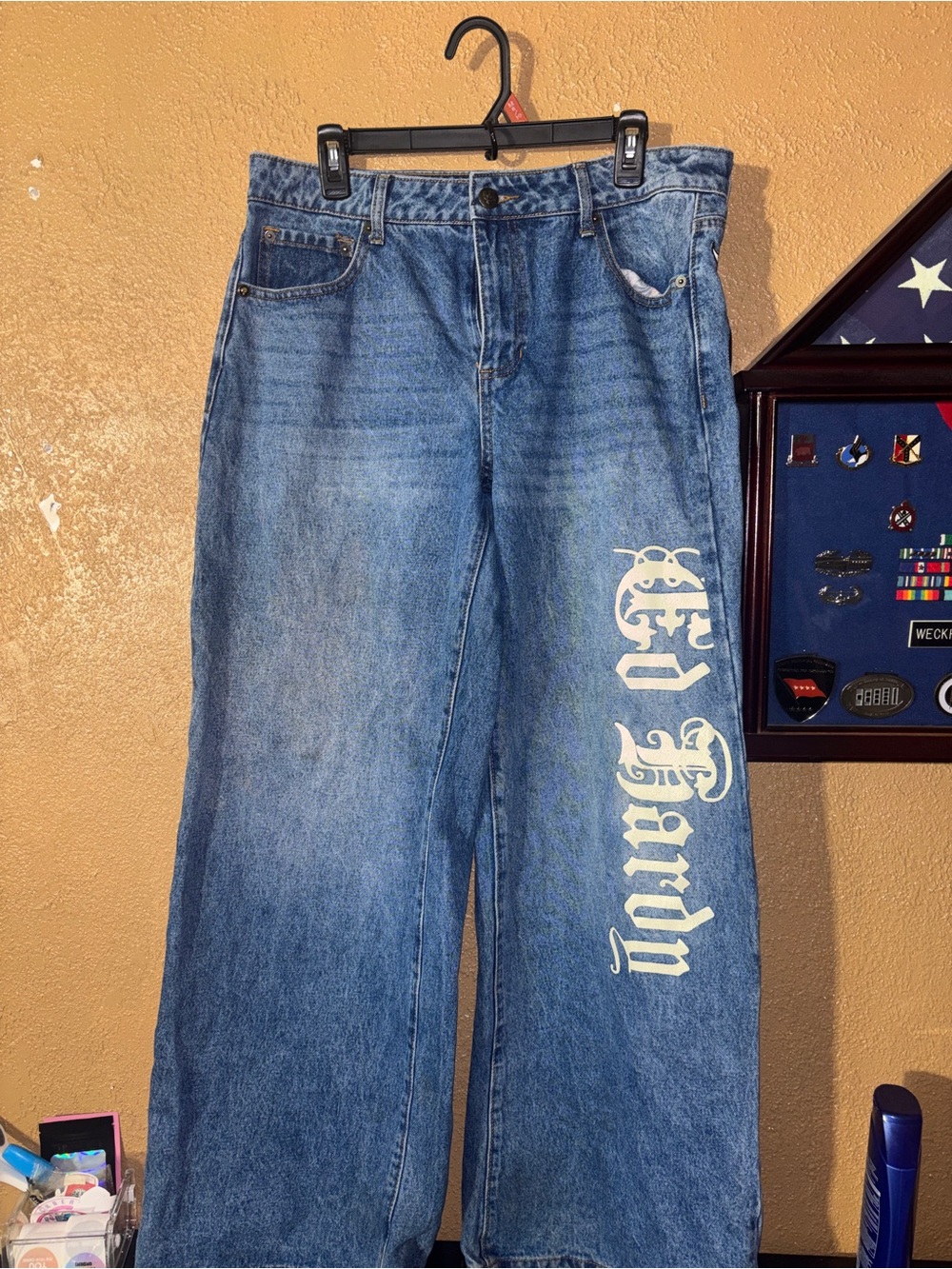 Ed Hardy Relaxed Blue Jeans with White Side Script